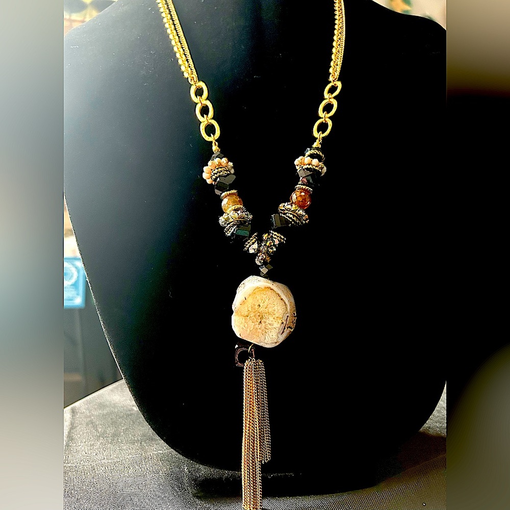 Quartz Slab Tassel Necklace Gold Tone Beaded 30”
